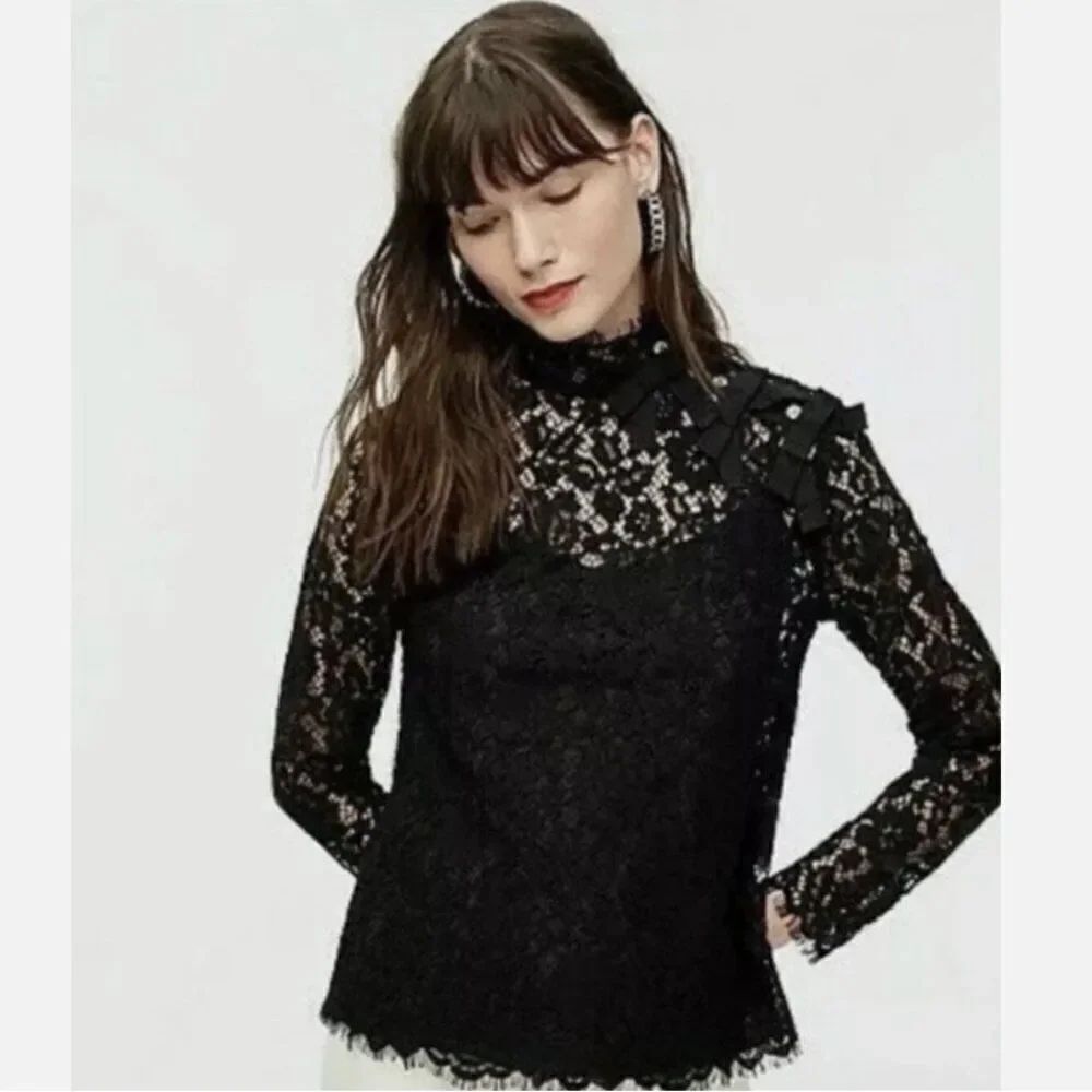 J. Crew Mockneck Floral Lace Eyelash Hem Bow Accent Top Black Sz 8